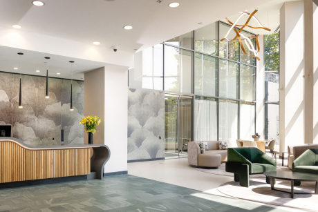 Modern apartment lobby light and airy