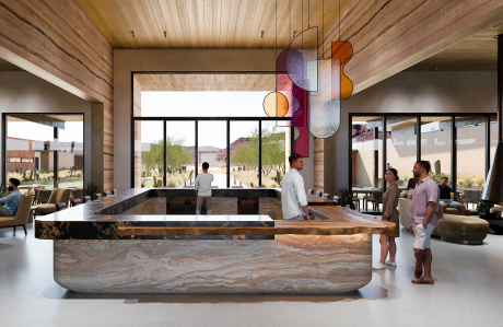 Rendering lobby bar stone surround view of Marble Canyon
